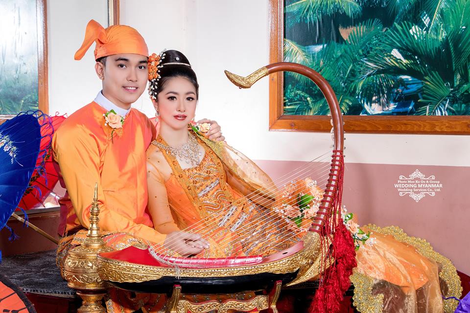 Myanmar traditional wedding dress, wedding gowns, make up, flower decoratio...